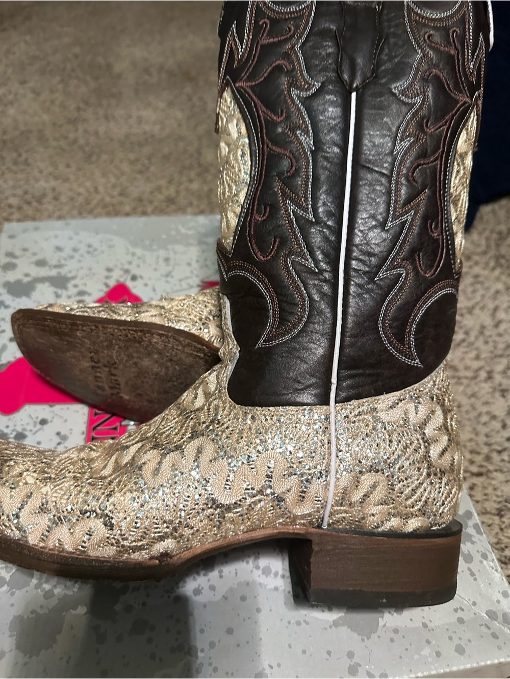 Women’s Two-Tone Brown and Cream Embroidered Heeled Cowboy Boots